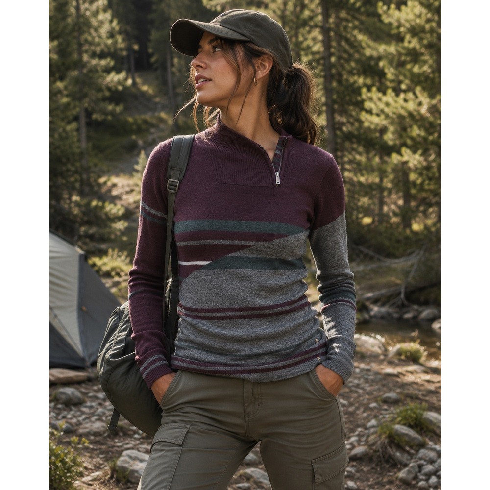 Smartwool Itso Sport Stripe Merino Wool Quarter Zip Sweater Gray Purple Large